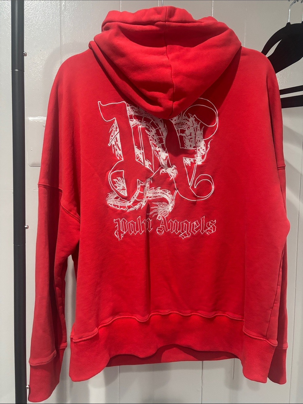 RARE* PALM ANGELS Red Crewneck Hoodie with Gold Heavy Embroidered Logo Medium